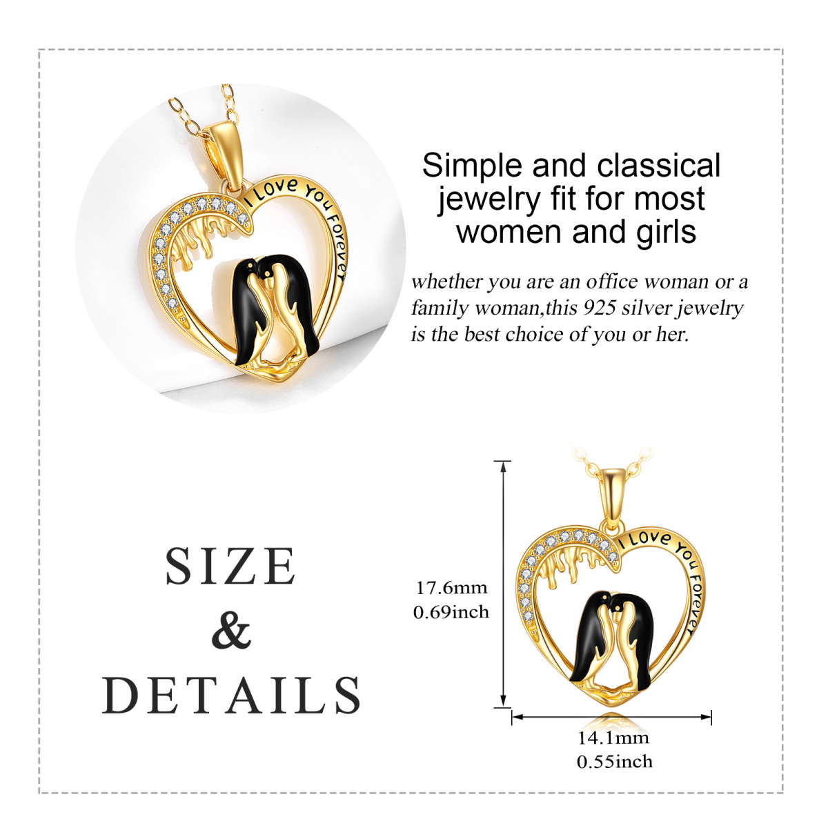 14K Gold Cubic Zirkonia Pinguin Lover & Herz-Anhänger Halskette-6