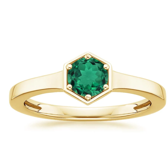 14K gouden vijfhoekige Lab Emerald gepersonaliseerde graveerbare trouwring voor koppels