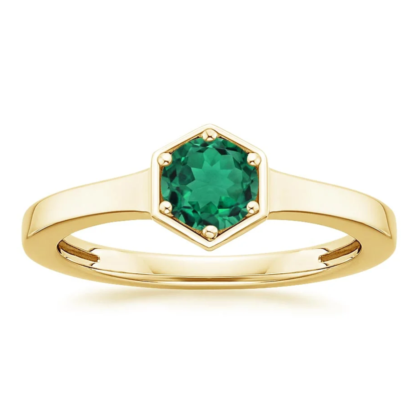 9K Gold pentagonal Lab Emerald Personalized Engraving & Wedding Ring-4