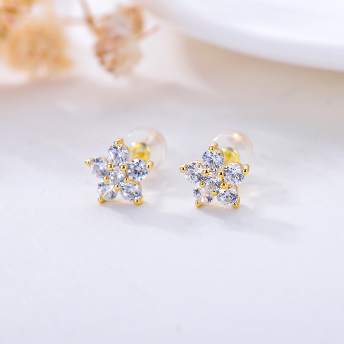 14K Gold Cubic Zirconia Peony Flower Stud Earrings-3