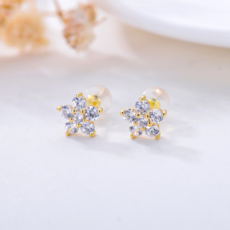 10K Gold Cubic Zirconia Peony Flower Stud Earrings-3