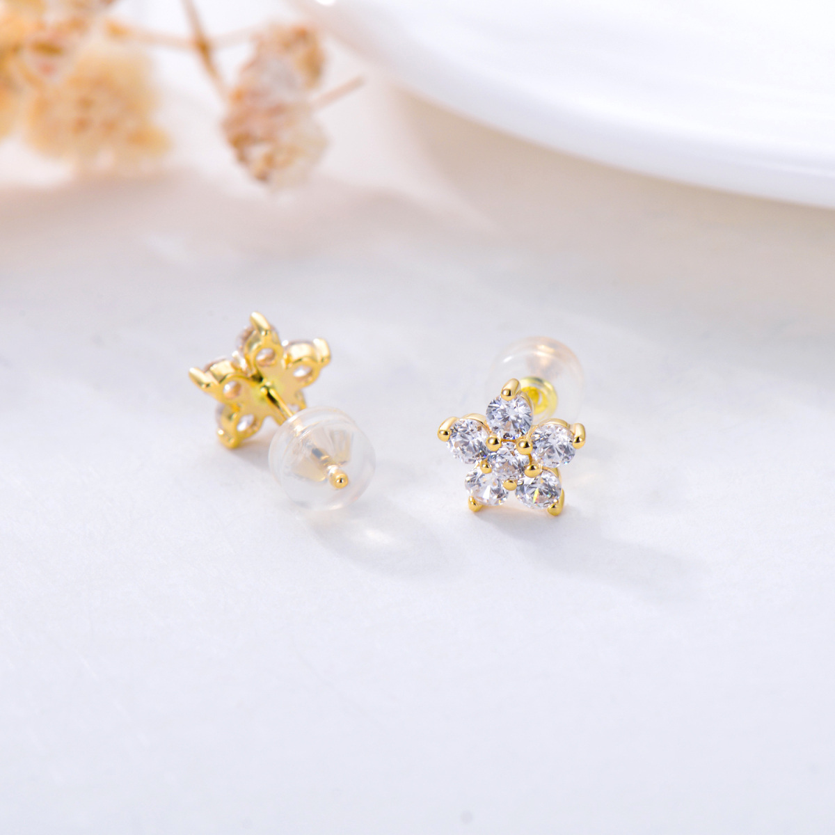 14K Gold Cubic Zirconia Peony Flower Stud Earrings-4