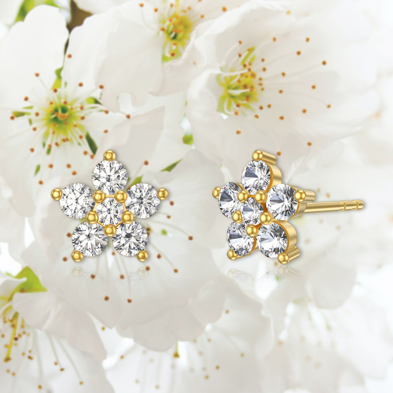 10K Gold Cubic Zirconia Peony Flower Stud Earrings-5