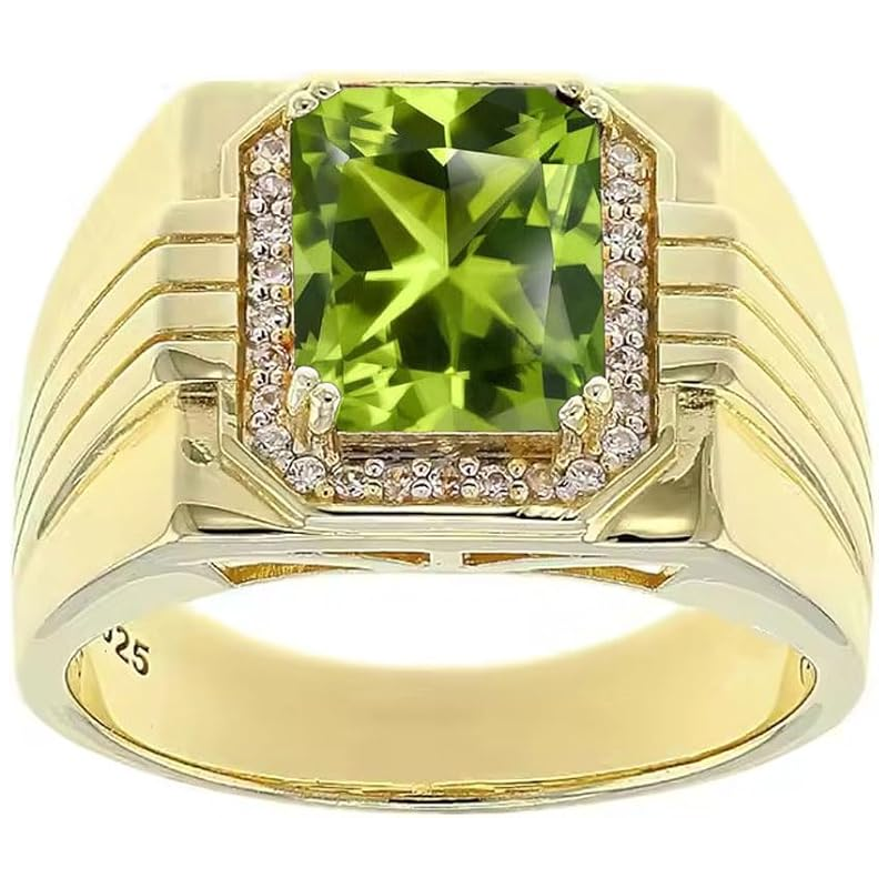 14K Gold Peridot with Diamonds Halo Emerald Cut Custom Engagement Ring for Men-1