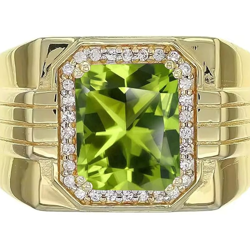 14K Gold Peridot with Diamonds Halo Emerald Cut Custom Engagement Ring for Men-2