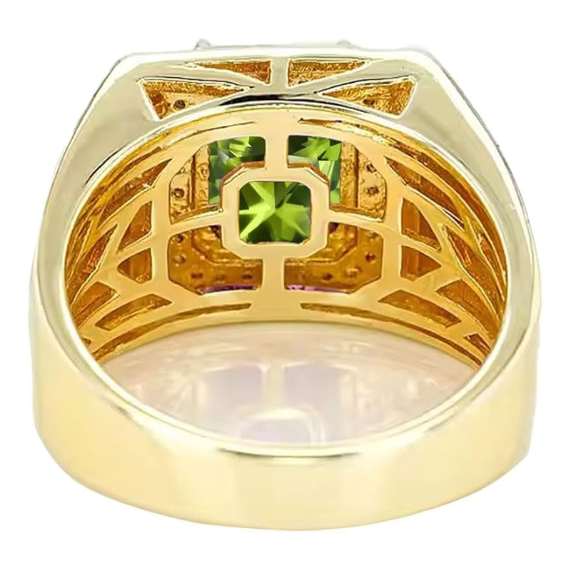 14K Gold Peridot with Diamonds Halo Emerald Cut Custom Engagement Ring for Men-3