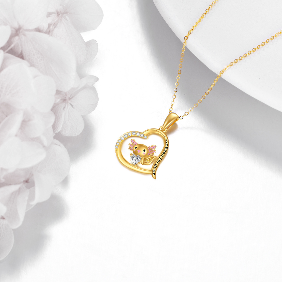 14K Gold Personalized Birthstone Axolotl Heart Necklace for Women-4