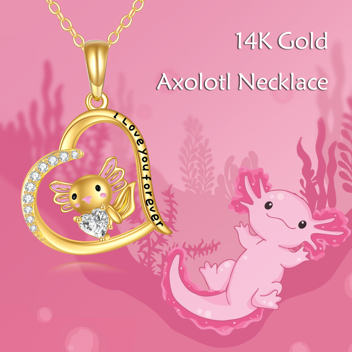 14K Gold Personalized Birthstone Axolotl Heart Necklace for Women-6