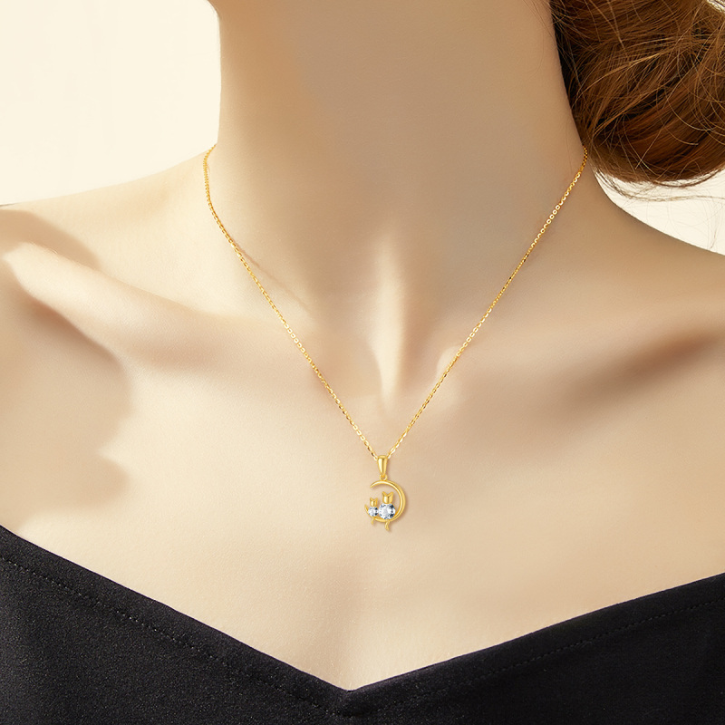 Collana con luna e gatto in oro 10K personalizzata con pietra portafortuna per donna-2