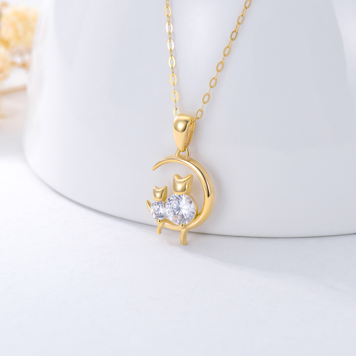 10K Gold Personalized Birthstone Cat Moon Necklace for Women-3