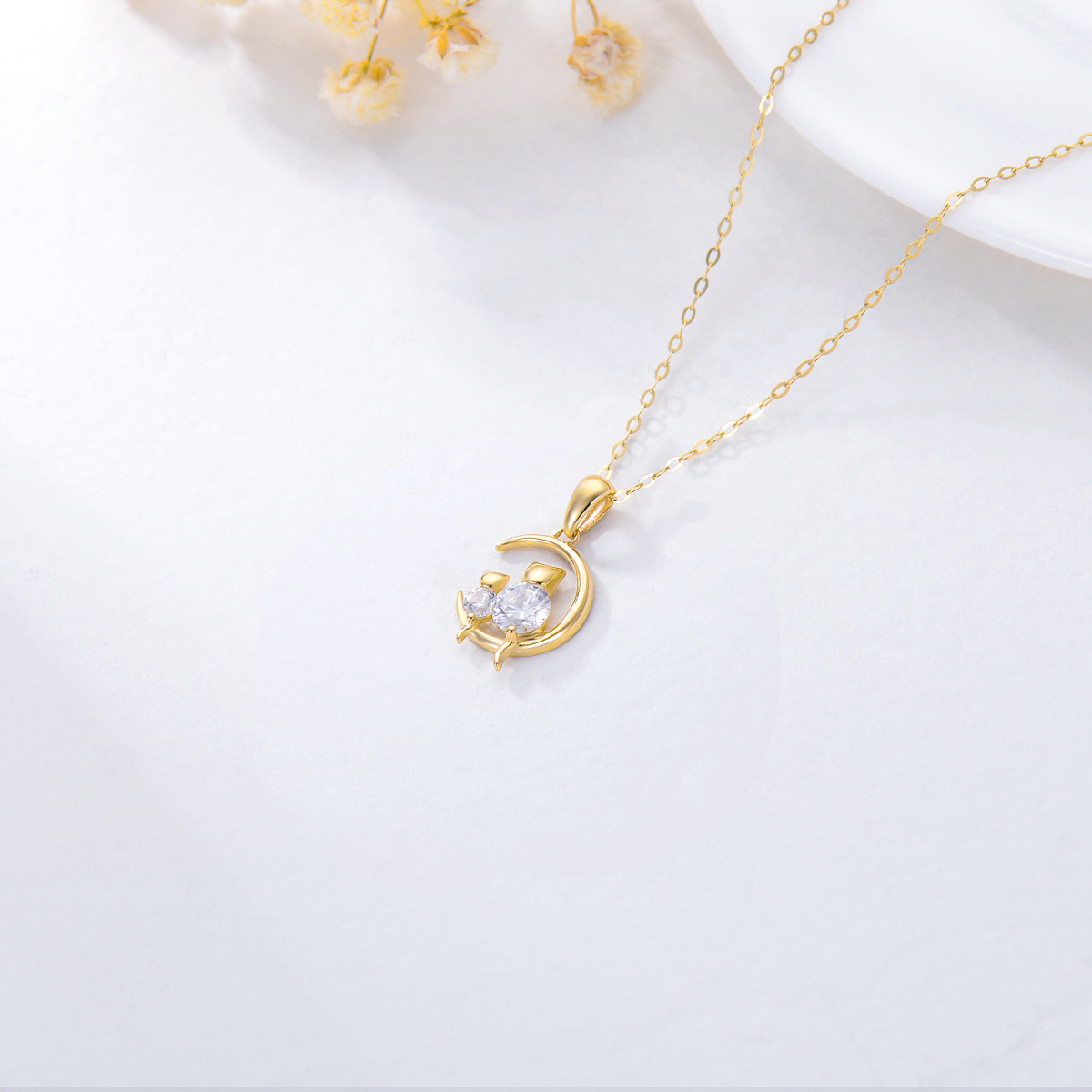 10K Gold Personalized Birthstone Cat Moon Necklace for Women-4