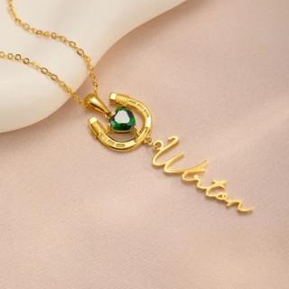 14K Gold Cubic Zirconia Personalized Birthstone Classic Name & Horseshoe Pendant Necklace-8