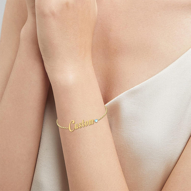 Pulsera con colgante de nombre clásico personalizado con piedra de nacimiento y circonita cúbica en oro de 14 quilates para mujer-2