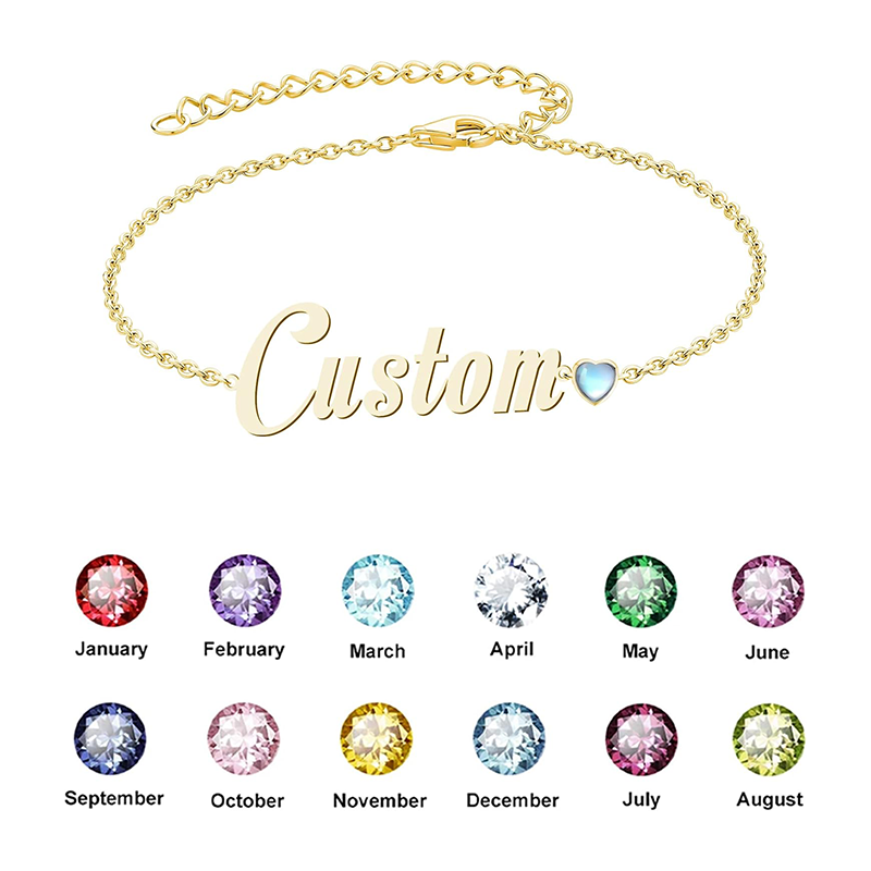 Pulsera con colgante de nombre clásico personalizado con piedra de nacimiento y circonita cúbica en oro de 14 quilates para mujer-4