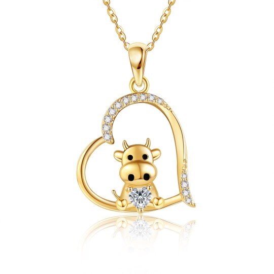 Collar con corazón de vaca y piedra natal personalizado en oro de 14 quilates para mujer