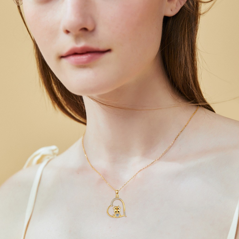 Collar de oro de 10 quilates personalizado con forma de corazón de vaca y piedra natal para mujer-2