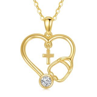 14K Gold Personalized Birthstone Cross Heart Stethoscope Necklace for Women-2