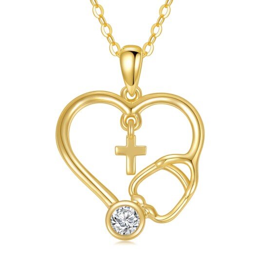 Collana con stetoscopio a forma di cuore con croce e pietra portafortuna personalizzata in oro 14K per donna