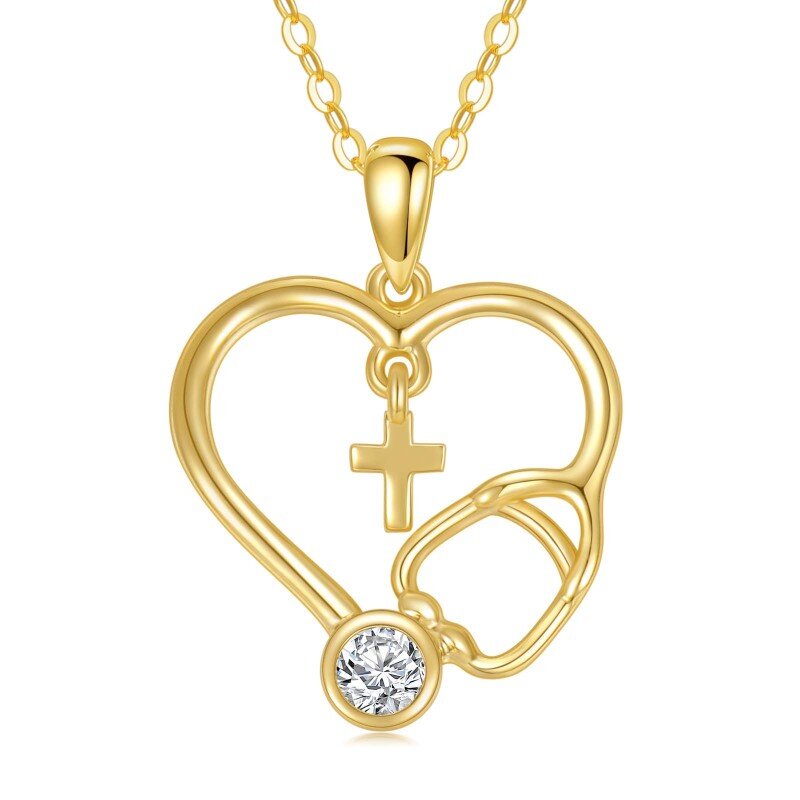 10K Gold Personalized Birthstone Cross Heart Stethoscope Necklace for Women-15