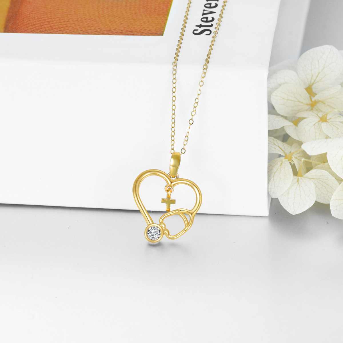 14K Gold Personalized Birthstone Cross Heart Stethoscope Necklace for Women-3