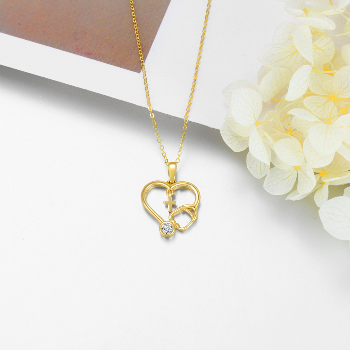 14K Gold Personalized Birthstone Cross Heart Stethoscope Necklace for Women-4