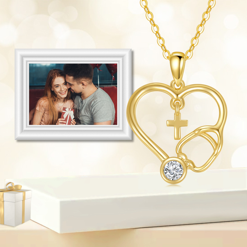 Collar personalizado de oro de 14 quilates con estetoscopio, cruz y corazón con piedra de nacimiento para mujer-6