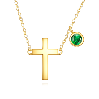 14K Gold Cubic Zirconia Personalized Birthstone & Cross Pendant Necklace-3