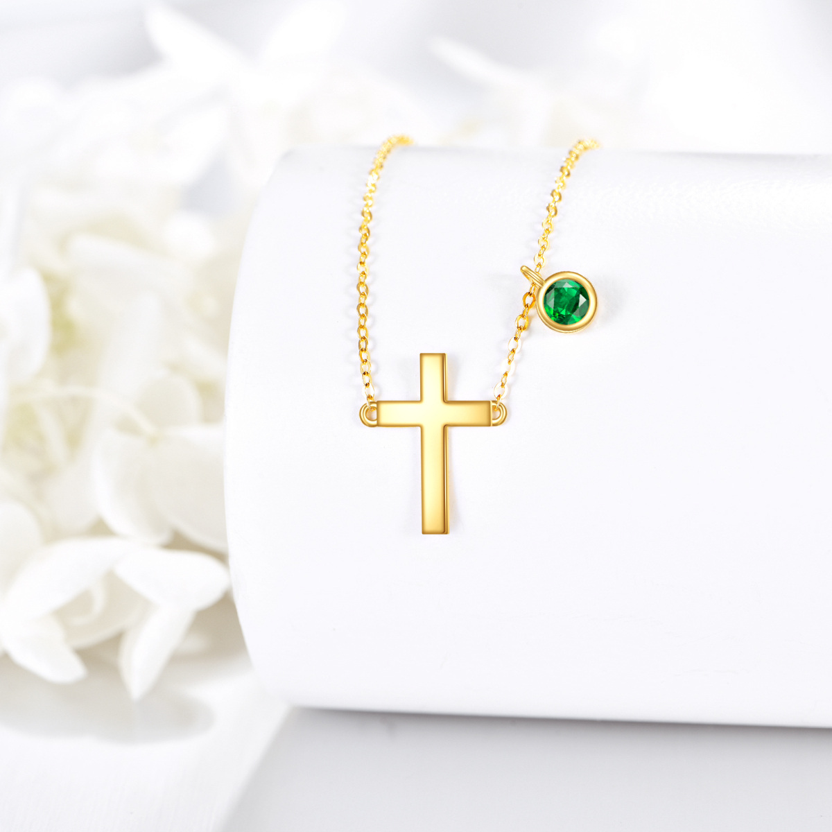 Collar con colgante de cruz con piedra de nacimiento personalizada y circonita cúbica en oro de 14 quilates-3