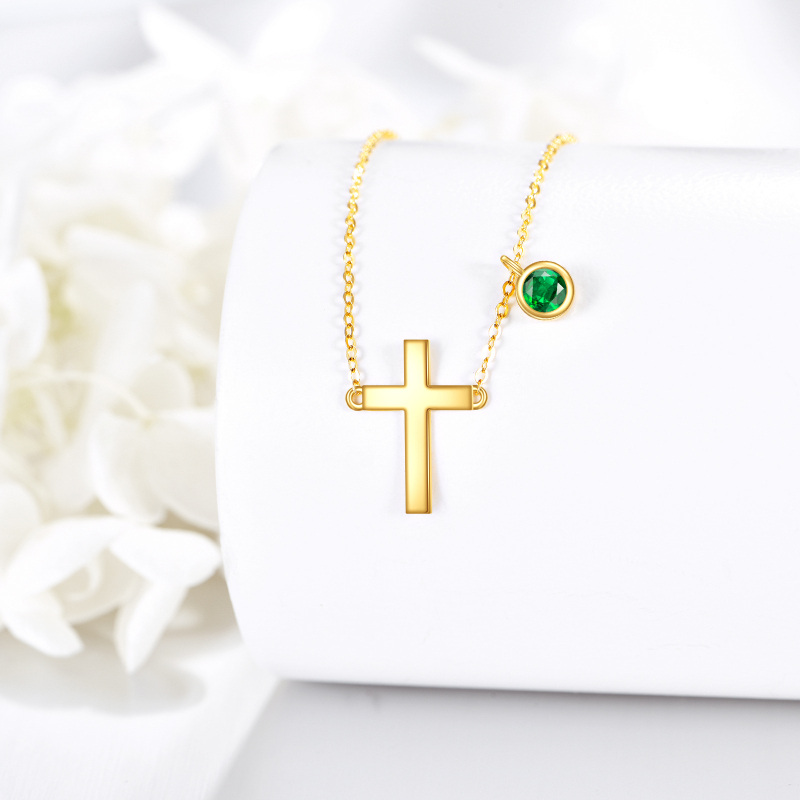 10K Gold Cubic Zirconia Personalized Birthstone & Cross Pendant Necklace-3