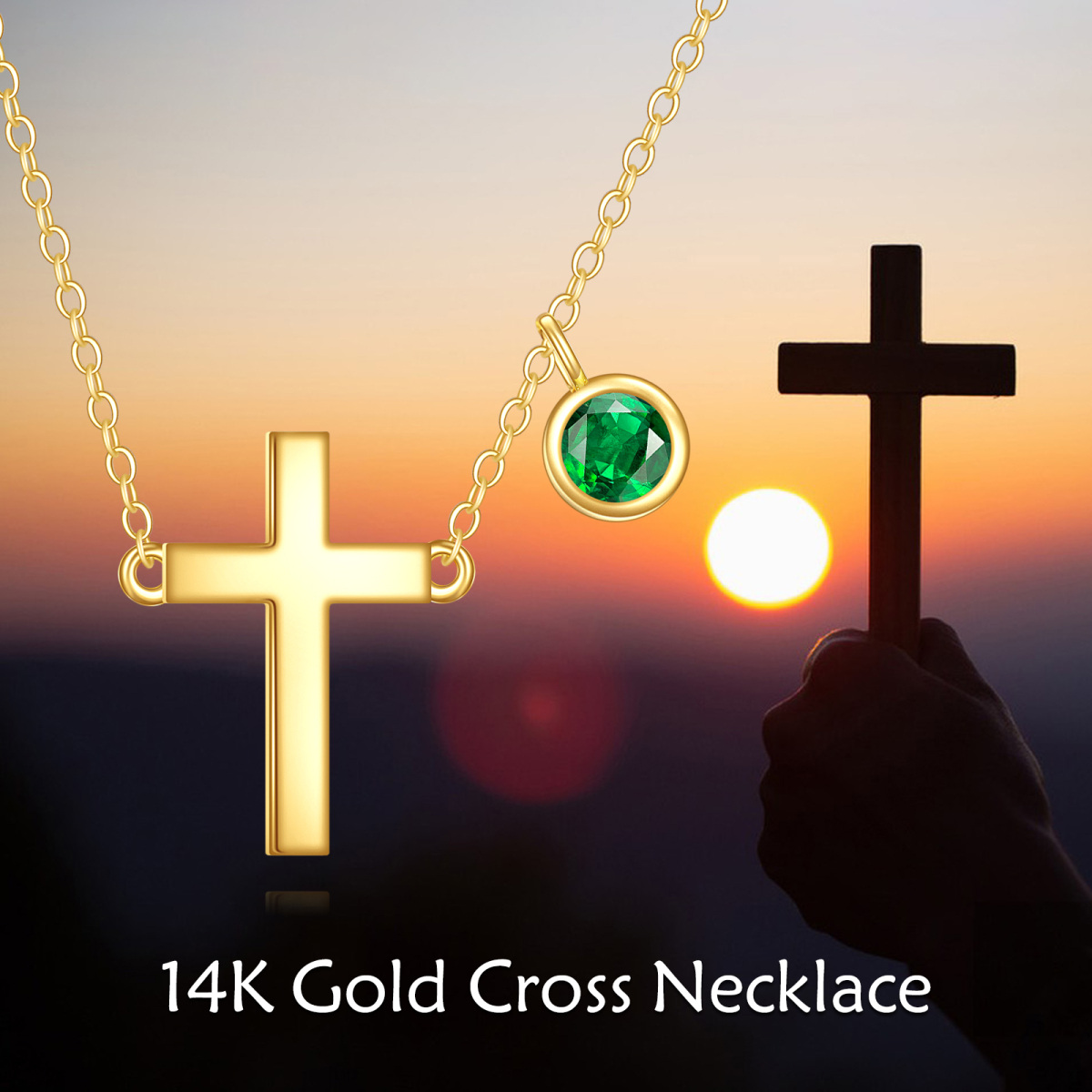 Collar con colgante de cruz con piedra de nacimiento personalizada y circonita cúbica en oro de 14 quilates-6