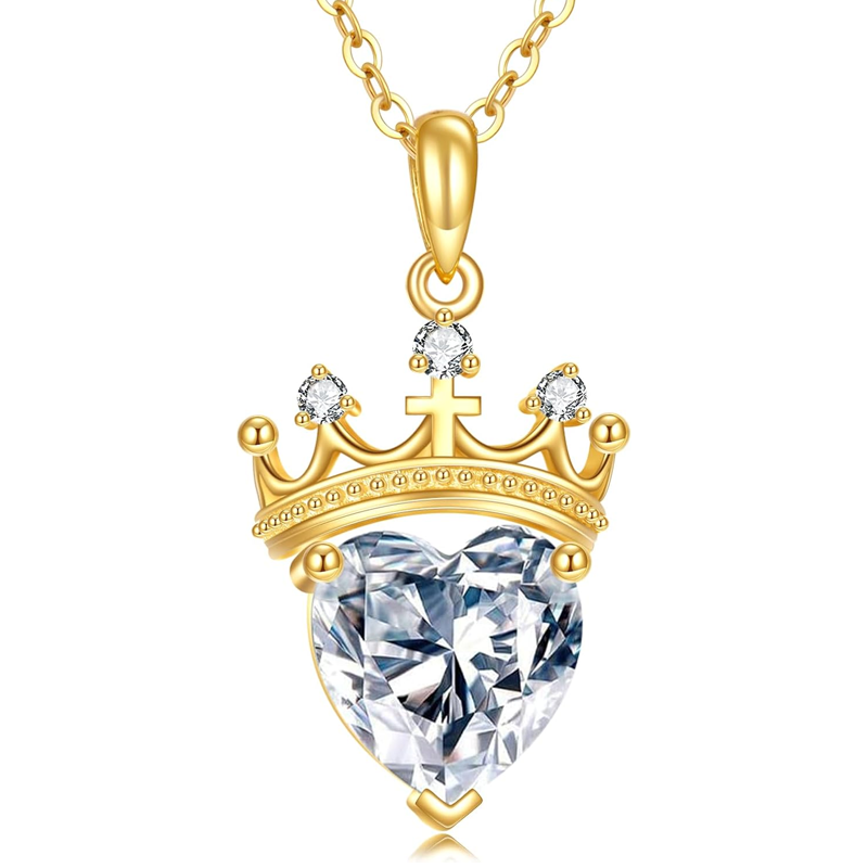 Colar de coração com coroa e pedra de nascimento personalizada em ouro 10K para mulheres-7