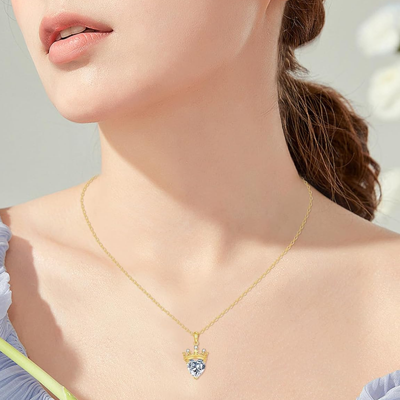 14K Gold Personalized Birthstone Crown Heart Necklace for Women-2