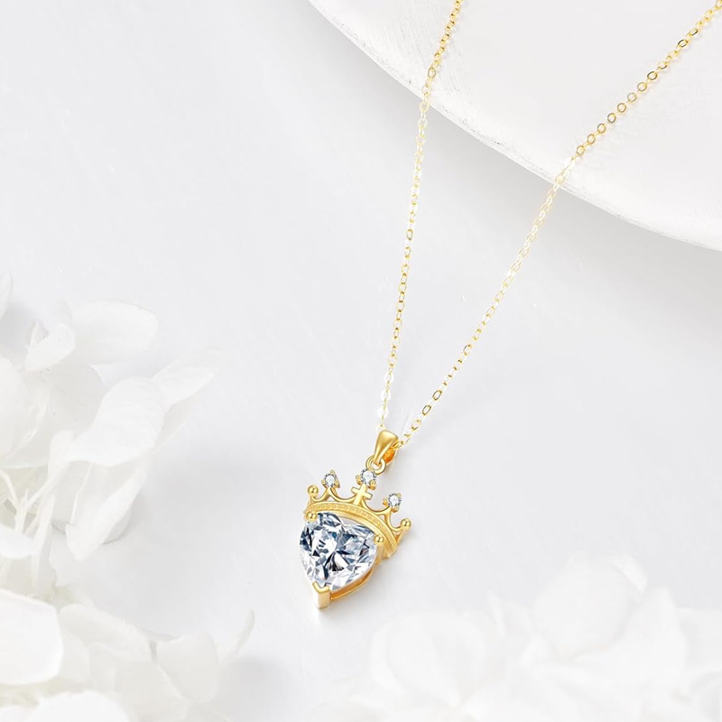 14K Gold Personalized Birthstone Crown Heart Necklace for Women-3