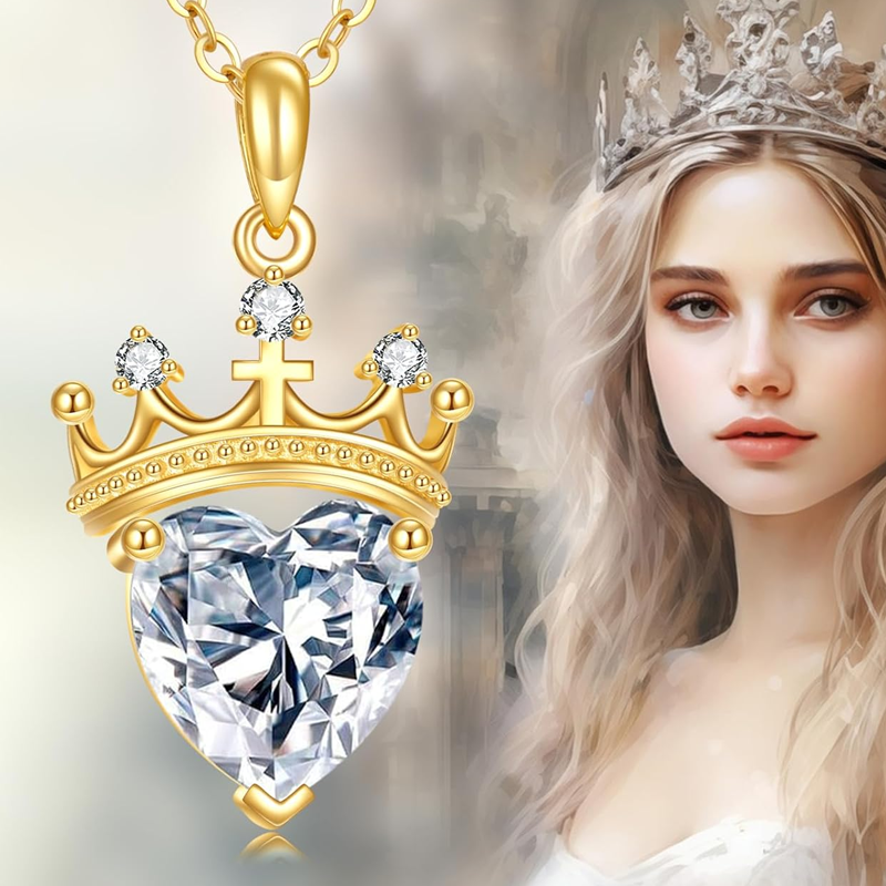 Collier en or 14 carats personnalisé avec pierre de naissance, couronne et cœur pour femme-5