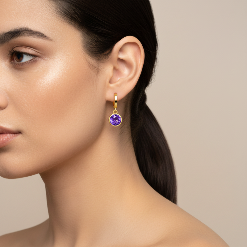 Boucles d'oreilles pendantes en or 10K avec zircon cubique et pierre de naissance personnalisée-2