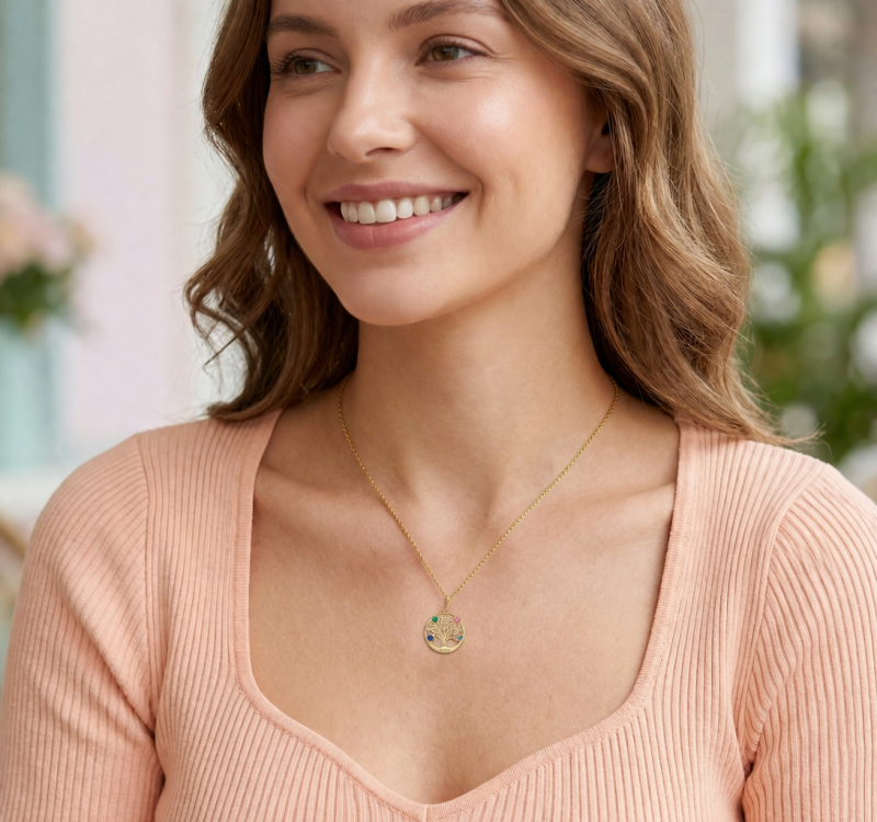 Collar con colgante de oro de 14 quilates personalizable con piedra de nacimiento grabable y árbol de la vida-2