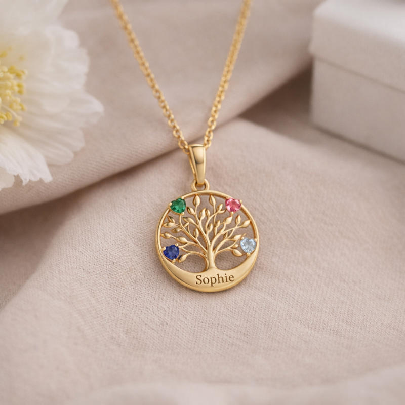 Collar con colgante de oro de 14 quilates personalizable con piedra de nacimiento grabable y árbol de la vida-3