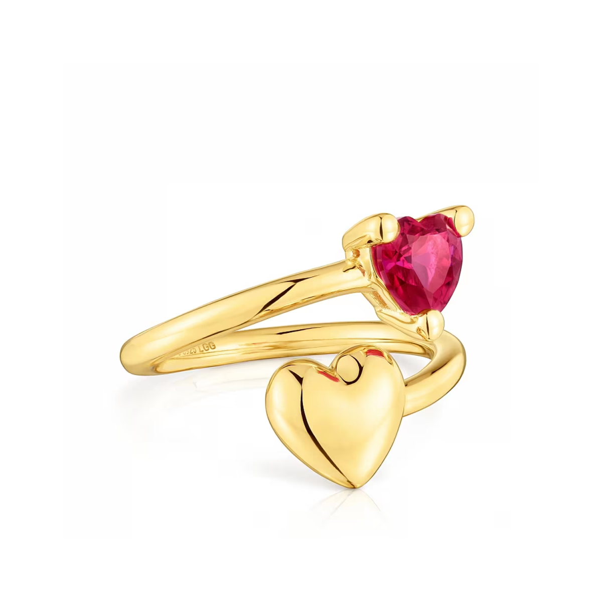 Anillo abierto con corazón y piedra natal grabada personalizada en oro de 14 quilates-1