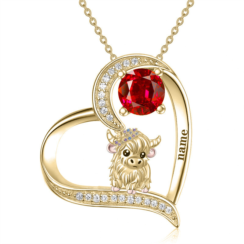 14K Gold Personalized Birthstone & Personalized Engraving Highland Cow Necklace-1