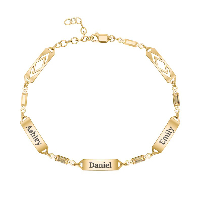 Bracciale identificativo personalizzato con incisione della pietra portafortuna in oro 14K e zirconi cubici da donna-2