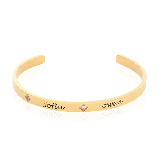 Gold Vermeil Personalisierte Geburtsstein Gravur Schlichtes Armreif Armband für Frauen Männer