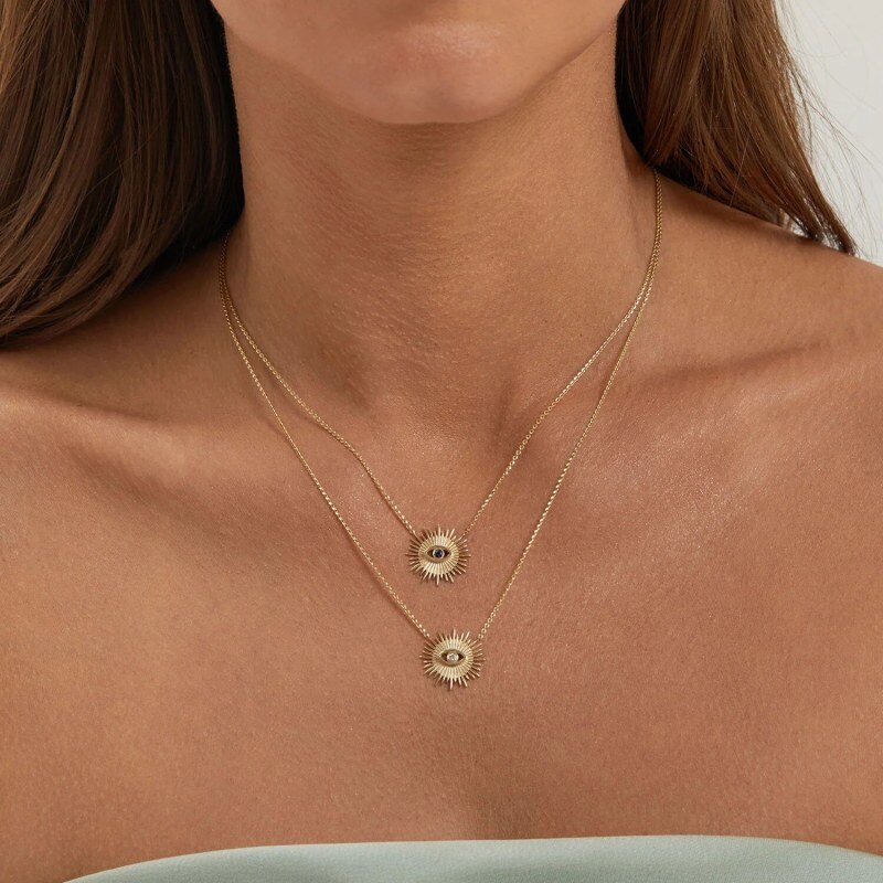 Collar con colgante personalizado en oro de 14 quilates, con piedra de nacimiento, ojo malvado y sol-2