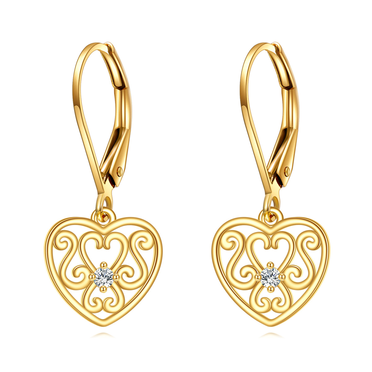 10K Gold Personalized Birthstone Flowers Heart Lever-back Earrings for Women-1