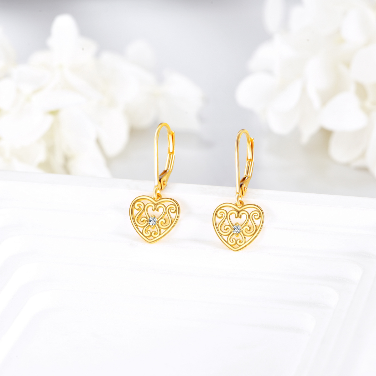 10K Gold Personalized Birthstone Flowers Heart Lever-back Earrings for Women-3