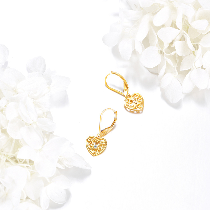 10K Gold Personalized Birthstone Flowers Heart Lever-back Earrings for Women-4