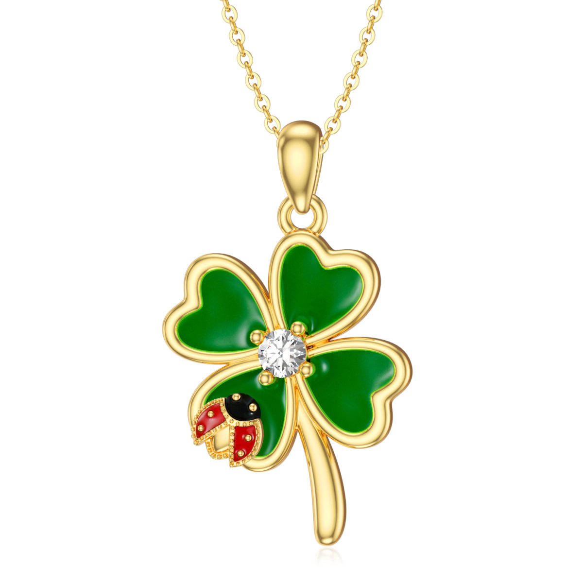 14K Gold Personalized Birthstone Four Leaf Clover & Ladybug Pendant Necklace-1