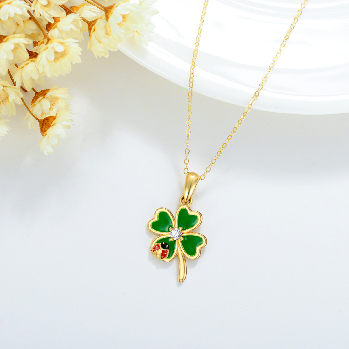 18K Gold Personalized Birthstone Four Leaf Clover Pendant Necklace-3