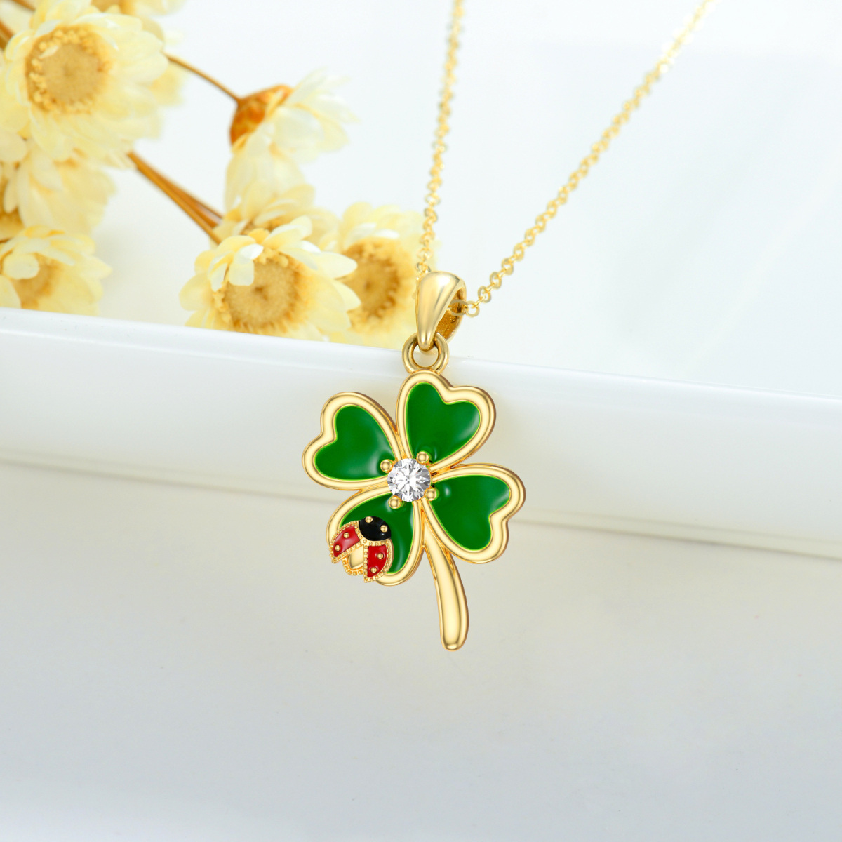 18K Gold Personalized Birthstone Four Leaf Clover Pendant Necklace-4