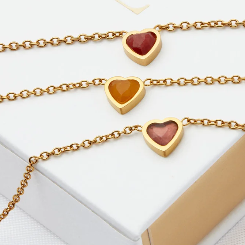 Pulsera personalizada con corazón y piedra natal en oro de 14 quilates para mujer-4