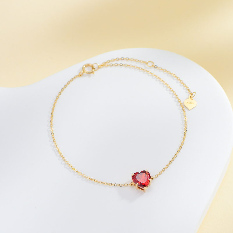 Personalisiertes Armband aus 10-karätigem Gold mit Zirkonia, Geburtsstein und Herzanhänger-2